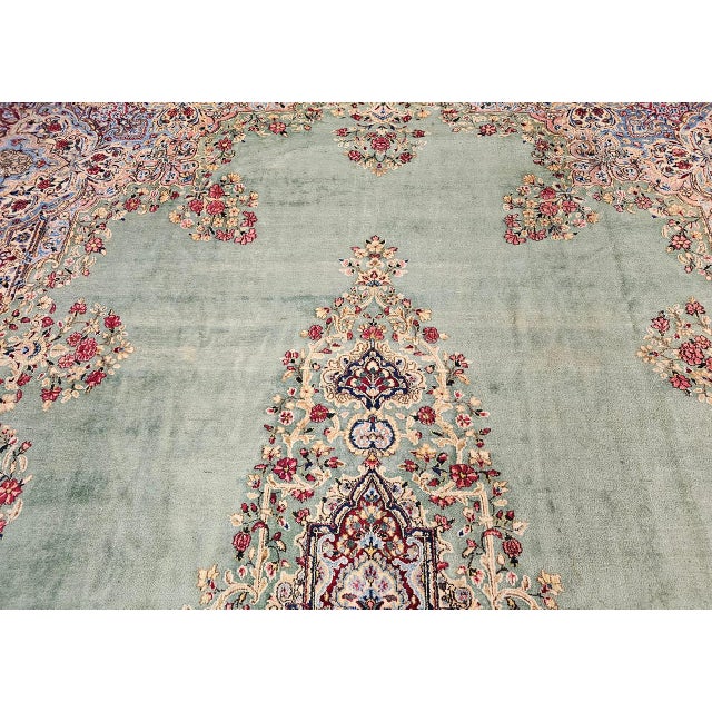 Vintage Oversized Persian Kerman Rug, Hand-Knotted Wool, Floral Pattern, Pale Green & Red, 12x16 For Sale - Image 10 of 15
