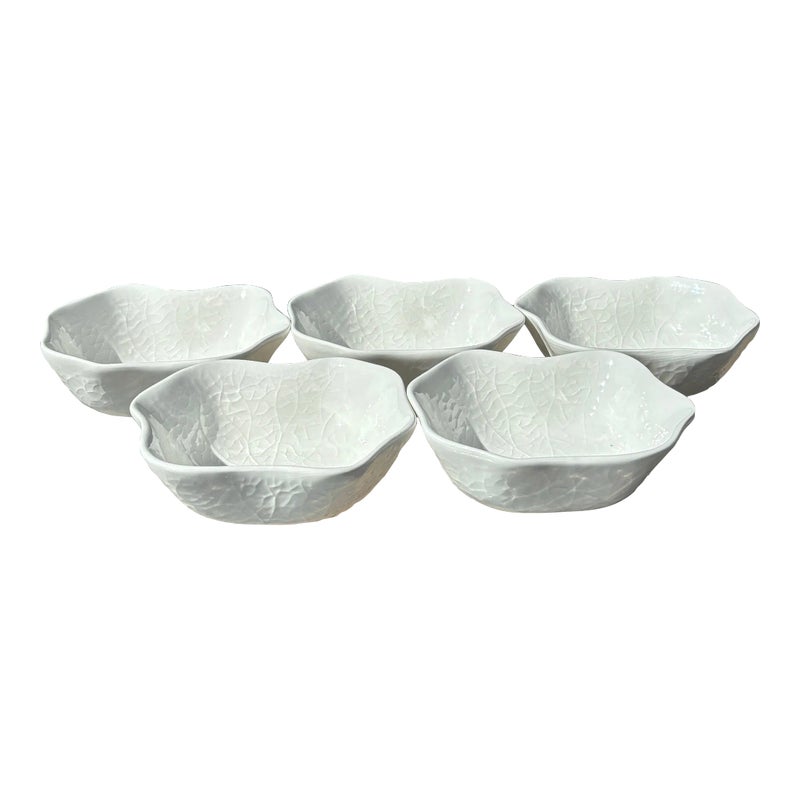 Set Of 5 Michael Aram White Bowls With Embossed Leaf Design