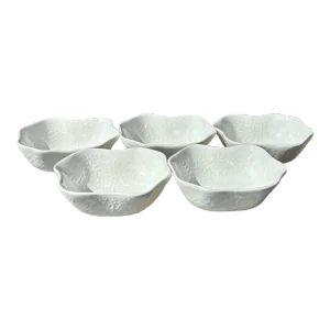 Set of 5 Michael Aram White Bowls With Embossed Leaf Design