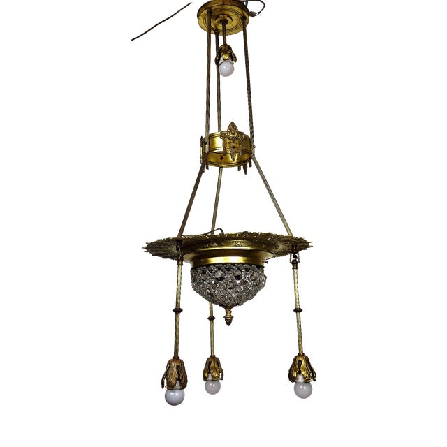 Antique Art Nouveau French Brass and Crystal Chandelier, 1890s For Sale