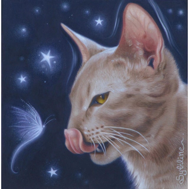 This oil painting on paper depicts a close-up of a cat with an expressive gaze, its tongue playfully flicking as it...