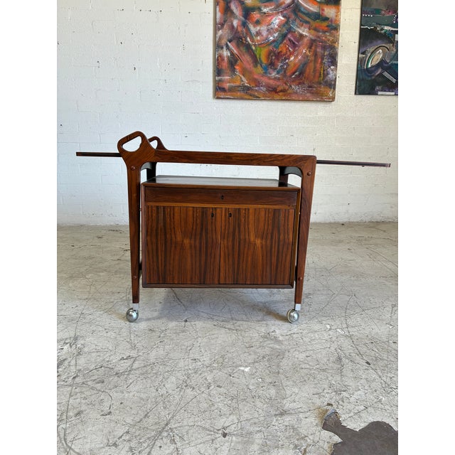 Mid Century Sculpted Rosewood Rolling Bar Cart For Sale - Image 4 of 5