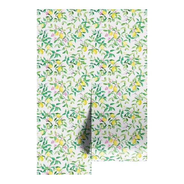 Limoncello Floral & Lemon Grasscloth Wallpaper by House Party | White Blossom | 8 Yards For Sale
