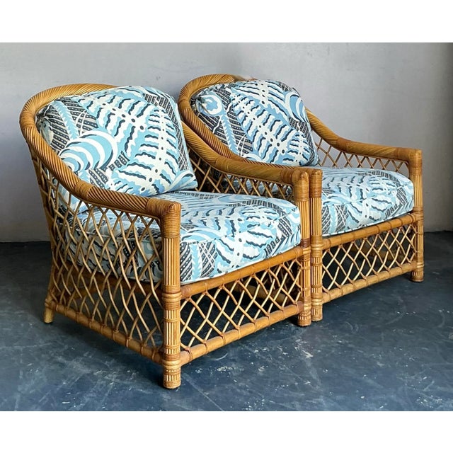 Vintage Boho Bielecky Brothers Trellis Rattan Lounge Chairs in Alan Campbell “Ferns” - A Pair For Sale - Image 12 of 12