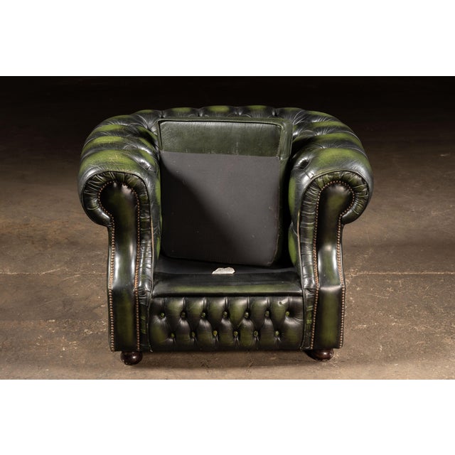 Wood Vintage Tufted Leather Chesterfield Club Chair in Emerald Green For Sale - Image 7 of 10