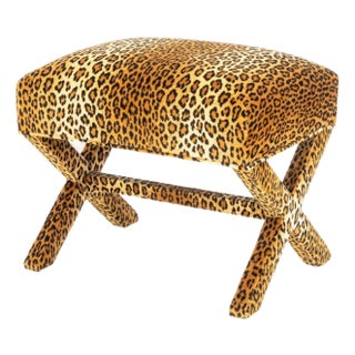 Velvet Leopard Print Upholstered Ottoman For Sale