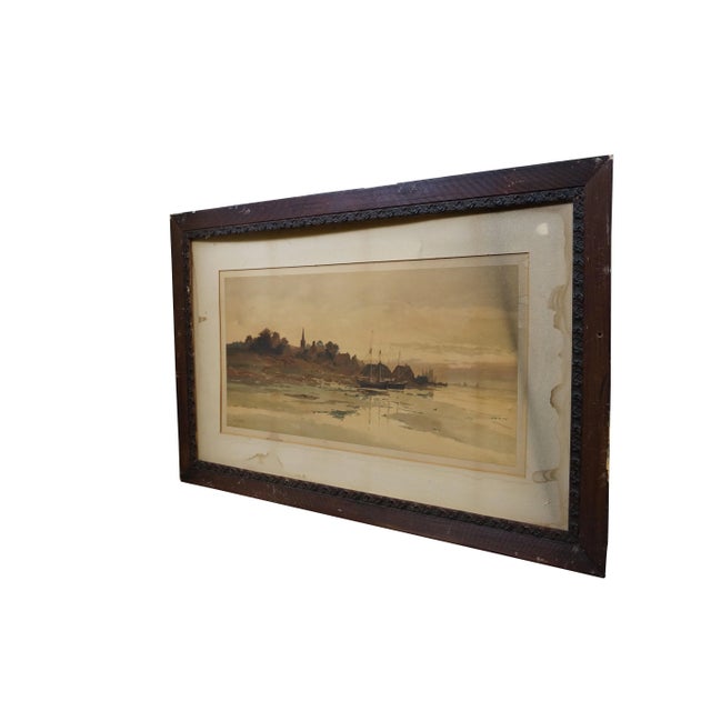 Late 19th century chromolithograph print by Louis Kinney Harlow. Riverscape of sail boats at the edge of a village. Signed...