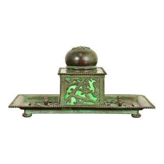 Apollo Studios New York Arts & Crafts Grapevine Pattern Bronze and Slag Glass Inkwell With Pen Holder For Sale