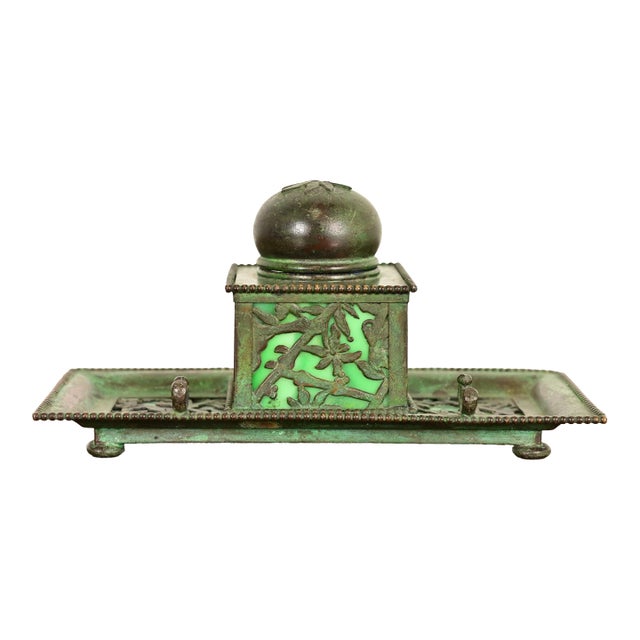 Apollo Studios New York Arts & Crafts Grapevine Pattern Bronze and Slag Glass Inkwell With Pen Holder For Sale