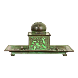 Apollo Studios New York Arts & Crafts Grapevine Pattern Bronze and Slag Glass Inkwell With Pen Holder