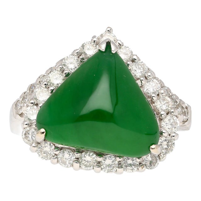 Type a Jadeite Jade Cabochon Cut Triangle Shape and Diamond Halo Ring, Size 6 For Sale