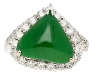 Type a Jadeite Jade Cabochon Cut Triangle Shape and Diamond Halo Ring, Size 6