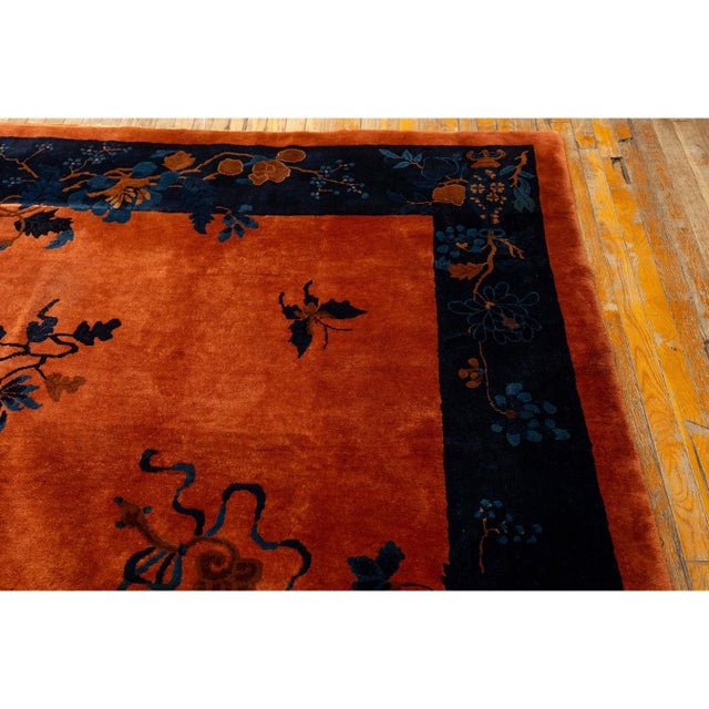 1920s 1920s Antique Orange Vase Floral Buterfly Chinese Handknotted Art Deco Wool Rug For Sale - Image 5 of 9