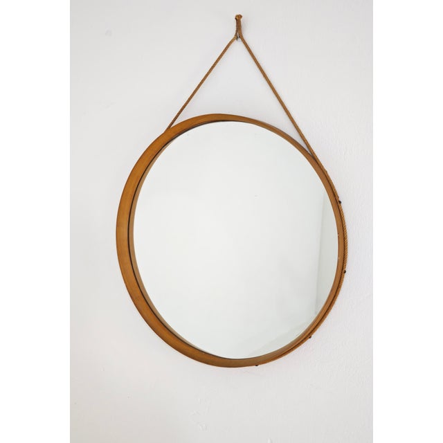 Mid-Century Modern Round Wooden Wall Mirror with Rope, 1950s For Sale - Image 9 of 15