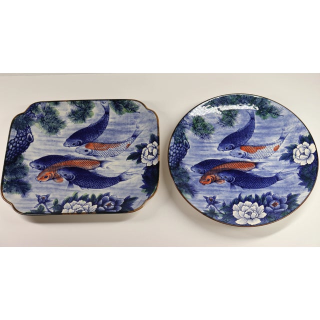 Set of Vintage Japanese Koi Fish and Lotus Flower Platers C. 70’s Round and Rectangular shape These hand painted platers...