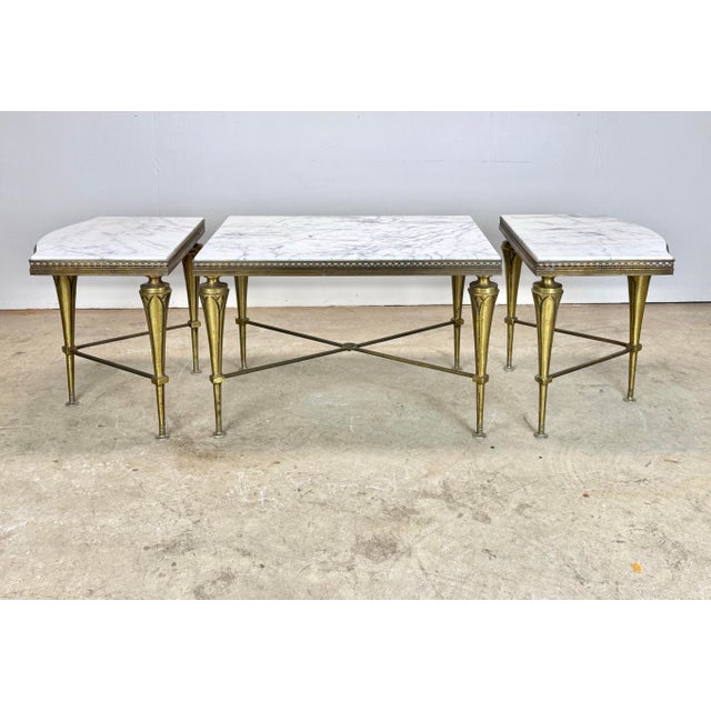 Mid 20th Century French Neoclassical Regency Style Tripartite X-Base Brass & Carrara Marble Tables For Sale - Image 12 of 12