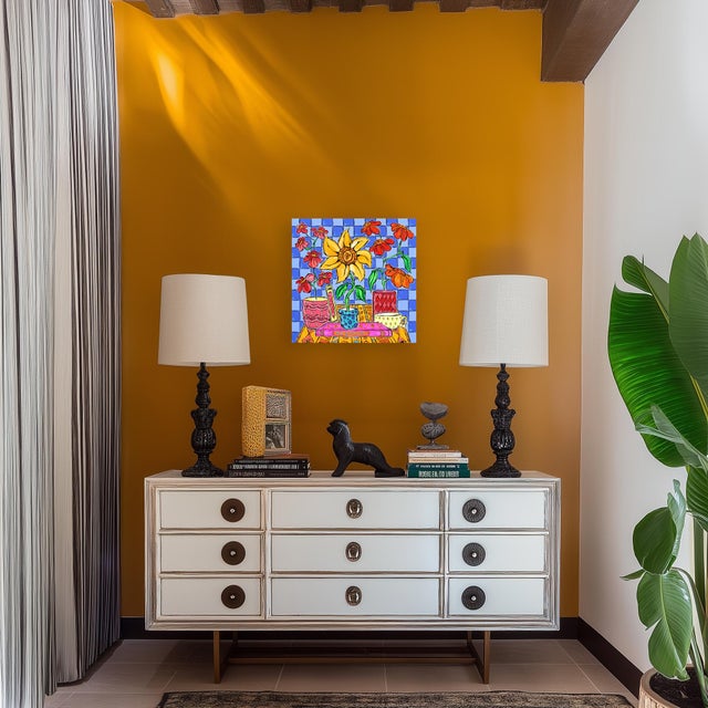 Textile Sunflower - Abstract Vibrant Colorful Botanical Still Life Original Artwork by Jonjo Elliott For Sale - Image 7 of 9