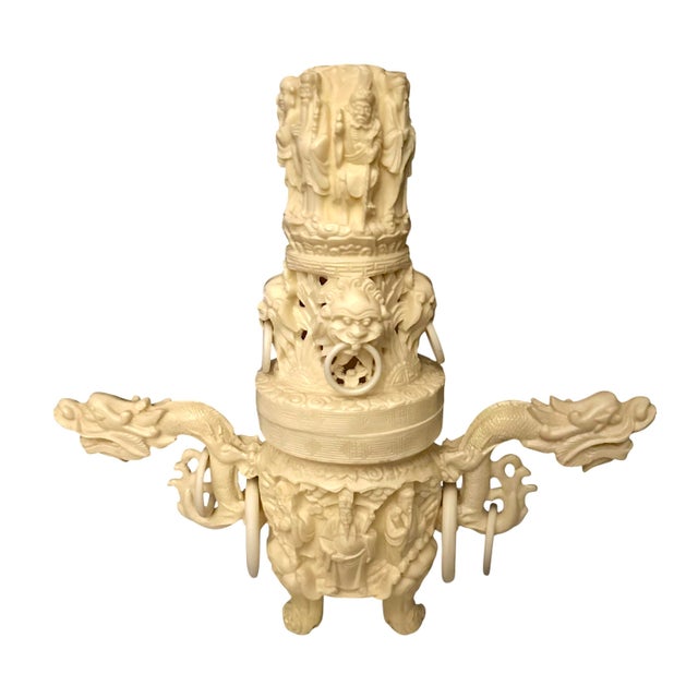 Vintage Asian Faux Ivory Vase With Ornate Sculptures and Dragon Handles For Sale - Image 9 of 12