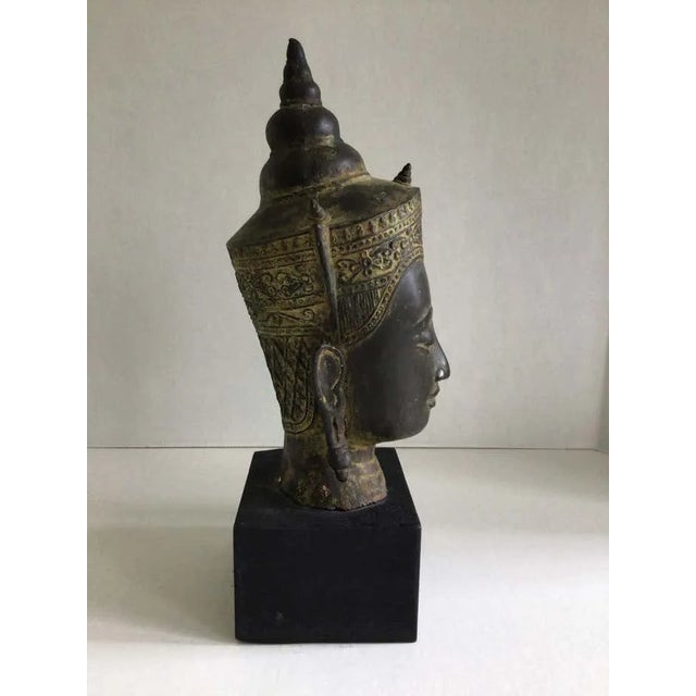 1960s Cast Bronze Crowned Tibetan Buddha Head on Painted Wood Base For Sale - Image 4 of 9