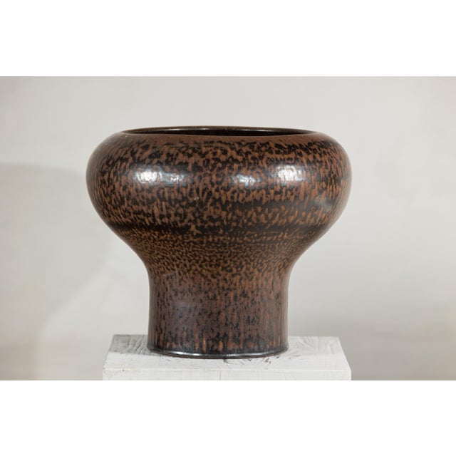 Ceramic Large Artisan Ceramic Vase with Wide Mouth and Speckled Brown Glaze For Sale - Image 7 of 18