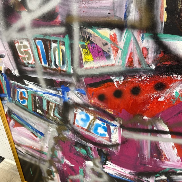 Vintage Abstract Graffiti Style Street Life Abstract Painting by Listed Artist Cecilia Mayr “Sneakers & Makeup" Framed For Sale - Image 9 of 12