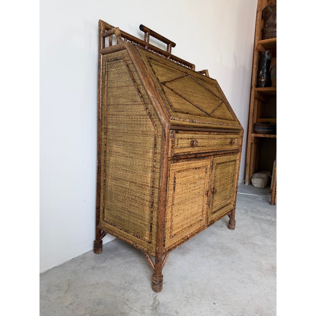 1970’s Vintage Burnt Bamboo & Woven Rattan Drop Front Secretary Desk ...