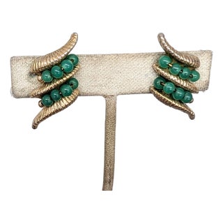 Vintage 1964 Napier Book Piece Goldtone Faux-Jade Clip Earrings- 2 Pieces For Sale