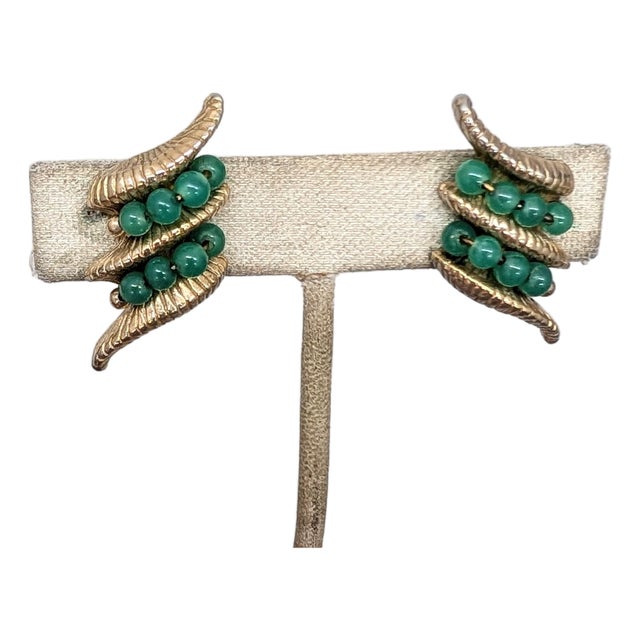 Vintage 1964 Napier Book Piece Goldtone Faux-Jade Clip Earrings- 2 Pieces For Sale