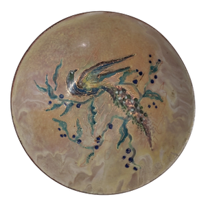 Antique Chinese Phoenix Enamel Brass Dish - Hand Painted
