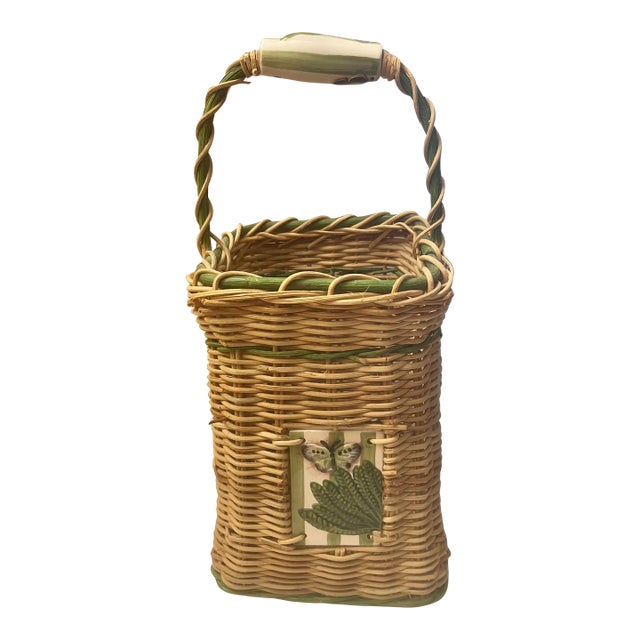 20th Century Wicker Basket With Green Butterfly For Sale