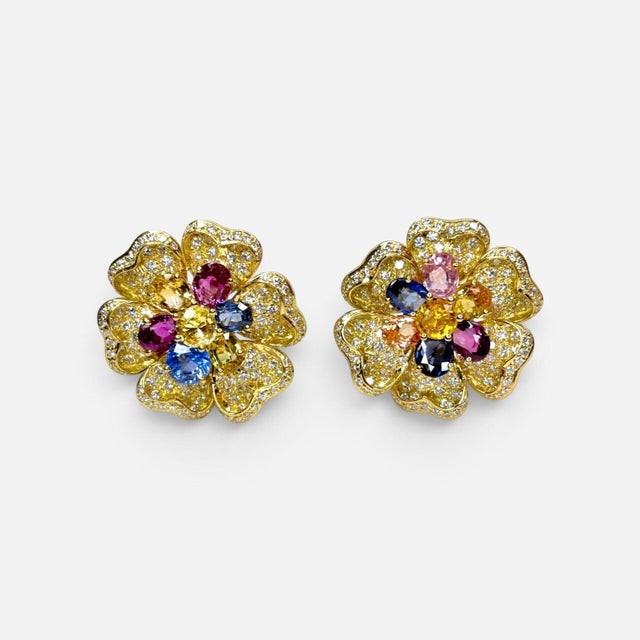 18k Yellow Gold Diamond & Multicolor Sapphire Flower Earrings by Designer Adler For Sale - Image 4 of 8