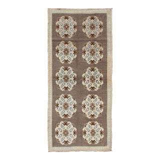 Tribal Turkish Hand Knotted Oushak Carpet With Floral Medallions in Taupe, Ivory and Blue For Sale