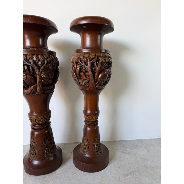 Asian Vintage Handcrafted - Intricate Wildlife Relief Carvings Asian Teak Wood Floor Vases – Pair For Sale - Image 3 of 12