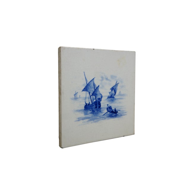 Traditional Antique Dutch Delft Cobalt Blue Nautical Maritime Rowboat Sailboats Ship Tile 6" For Sale - Image 3 of 11