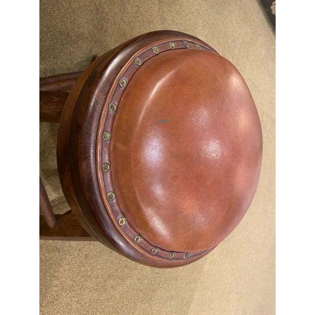 Rustic European Vintage Mid Century Stool with Wood Base and Leather Swivel Seat For Sale - Image 3 of 8