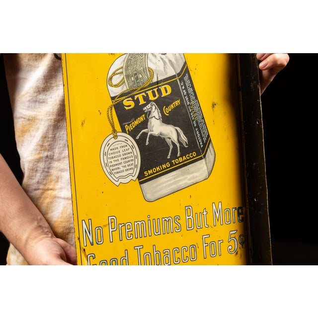Circa 1920 r.j. Reynolds Prince Albert and Stud Double-Sided Tin Sign For Sale In Chicago - Image 6 of 8