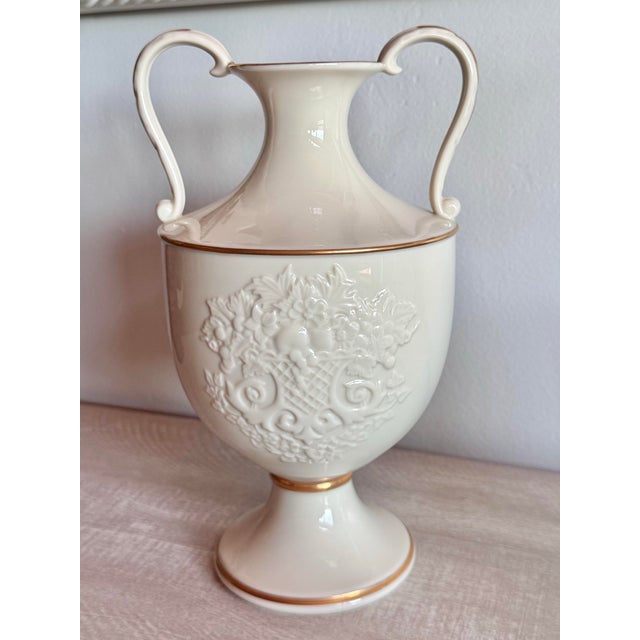 American Lenox the Autumn Collection Large Embossed Double Handled Ivory Urn With 24 Karat Gold Accents For Sale - Image 3 of 8
