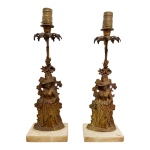Vintage Figural Girandole Style Bronze Tone Table Lamps — a Pair
