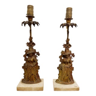 Vintage Figural Lady Table Lamps – Pair of Cast Metal & Stone Bases For Sale
