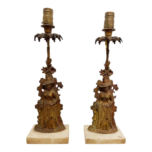 Vintage Figural Lady Table Lamps – Pair of Cast Metal & Stone Bases For Sale