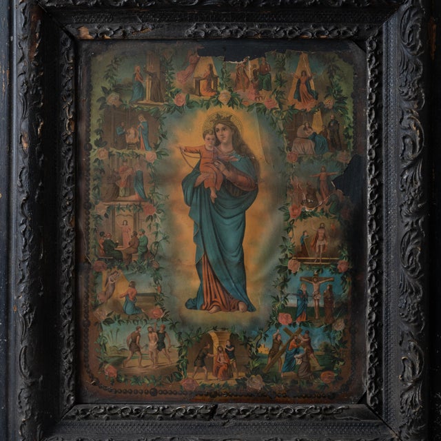 Traditional Our Lady of Rosary Madonna, German Lithograph For Sale - Image 3 of 6