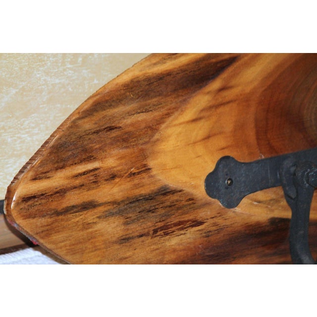 Handmade Raw Edge Wood Plank Coat Rack W/ 4 Large Cast Iron Hooks For Sale - Image 6 of 8