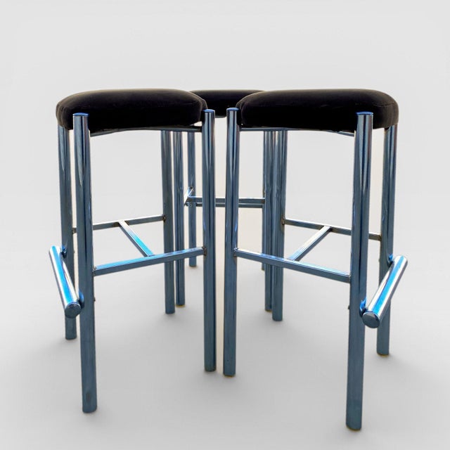 Chrome Bar Stools With Chocolate Velvet Seats, Set of Three,Vintage Mid Century For Sale - Image 11 of 18