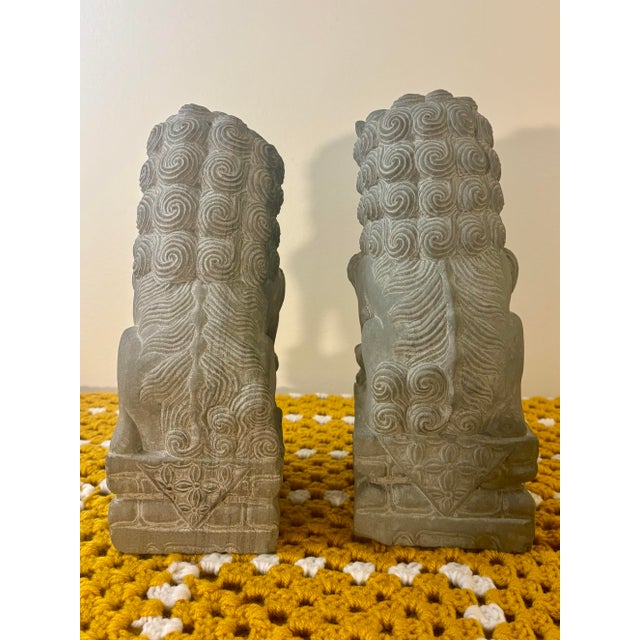 Vintage Hand Carved Stone Foo Dogs Guardian Lions, Pair, Asian Garden Sculptures For Sale In Miami - Image 6 of 8