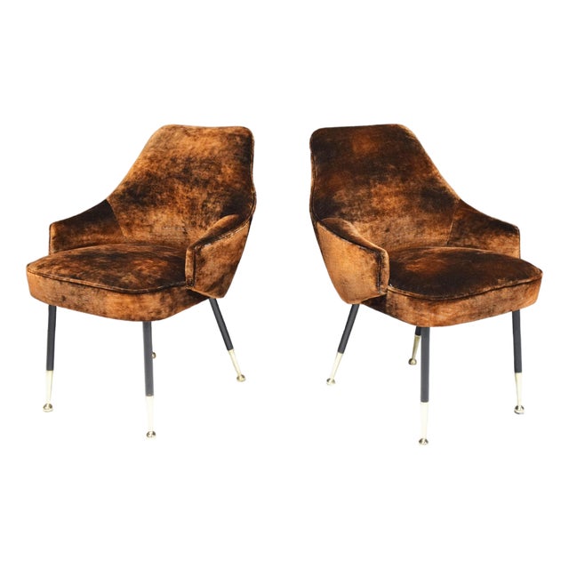Italian Arm Chairs, 1950s, in Parisien Velvet With Brass Tipped Legs For Sale