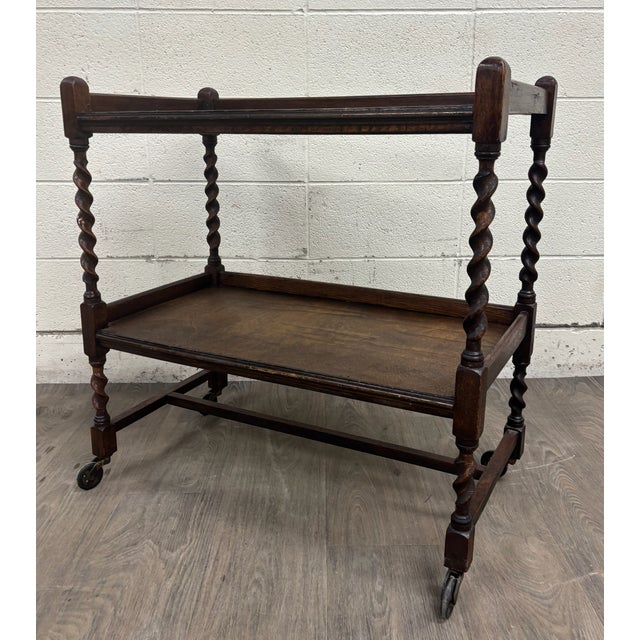 English Antique English Barley Twist Oak Trolley Tea Cart Dumbwaiter For Sale - Image 3 of 9