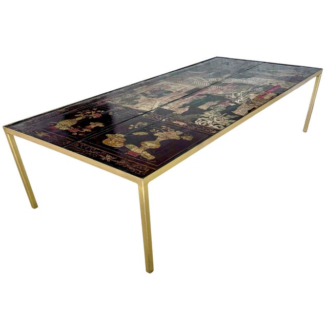 Large Gilt Iron and Chinese Chinoiserie 18th-Century Coromandel Coffee Table. The rectagular top with inset 18th century...