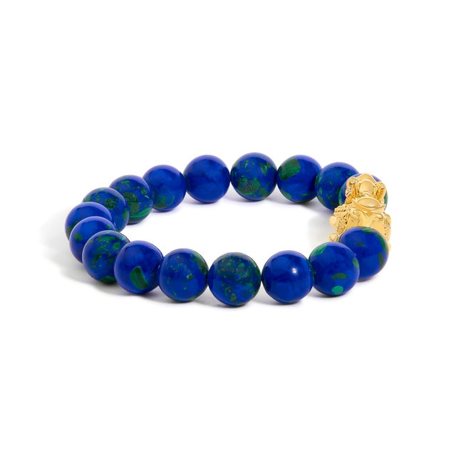 Contemporary 18K Yellow Gold Azurite Beaded Dragon Charm Bracelet For Sale - Image 3 of 4