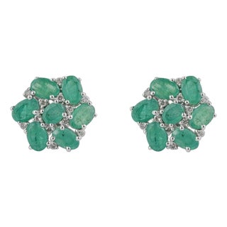 925 Silver 6.21 Ct Emerald and Diamond Floral Cluster Stud Earrings, a Pair For Sale