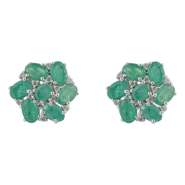 925 Silver 6.21 Ct Emerald and Diamond Floral Cluster Stud Earrings, a Pair For Sale